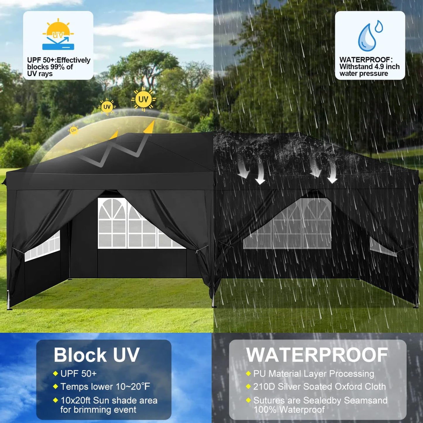 COBIZI Faltpavillon 3x6 Pavillon wasserdicht Winterfest, Pop Up Pavillon Klappbar 3x6 Zelt mit 6 Seitenwnden|3 Höhenverstellbar|UV-Schutz|Gardenpavillon Partyzelt 3x6 für Markt, Freien Event, Schwarz