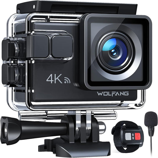 WOLFANG GA100 Action Cam 4K 20MP Unterwasserkamera WiFi 40M wasserdichte EIS Bildstabilisator Helmkamera 170°Weitwinkel Camcorder (Externem Mikrofon, 2.4G Fernbedienung, 2 Akkus und Zubehör Kit)