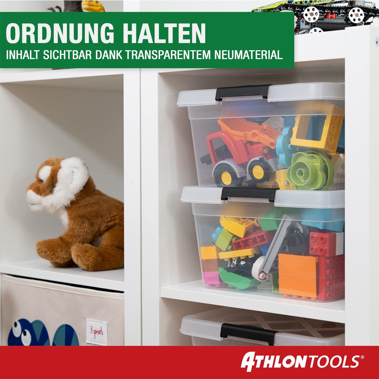 ATHLON TOOLS 4x 12.5 L Aufbewahrungsboxen mit Deckel, lebensmittelecht - Verschlussclips - 100% Neumaterial Plastik-Box transparent - Kleiderboxen stapelbar…