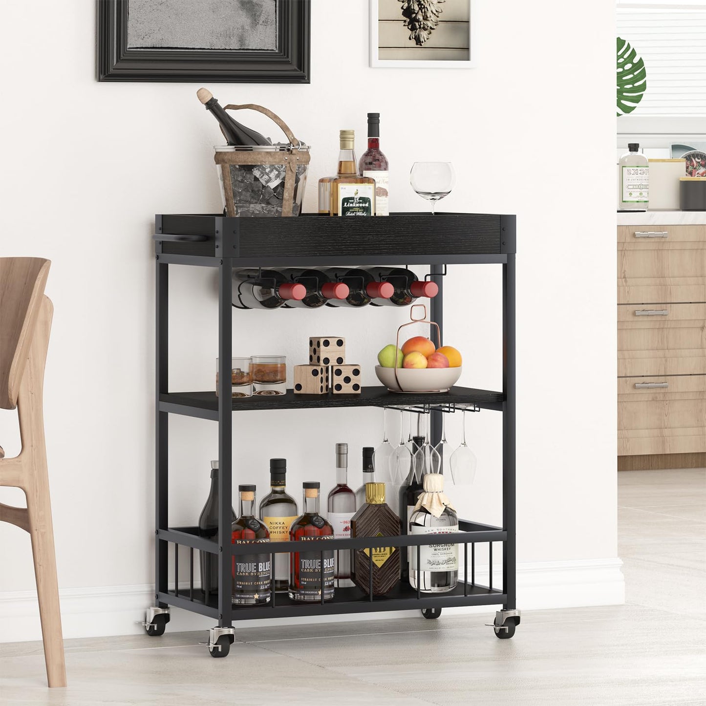 Huhote Servierwagen, Küchenwagen, Barwagen mit Rollen, Weinwagen mit Flaschenhalter, 3 Etagen, Getränkewagen für Wohnzimmer, Esszimmer, Küche, Bar, Party, Schwarz Holzmaserung
