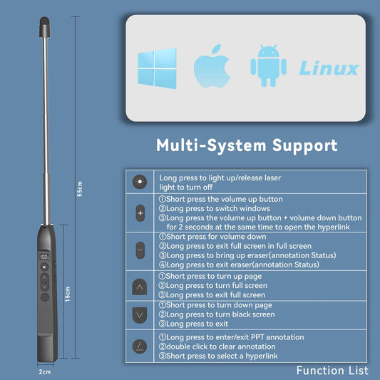 WEINIDASI Presenter mit Laserpointer Stark,Laser PPT Translator mit einziehbarem Zeigestock, Touchscreen-Schreiben, Wiederaufladbarer USB-C Presenter, 3 Stufen Rotlicht-Laserpointer. (S18)