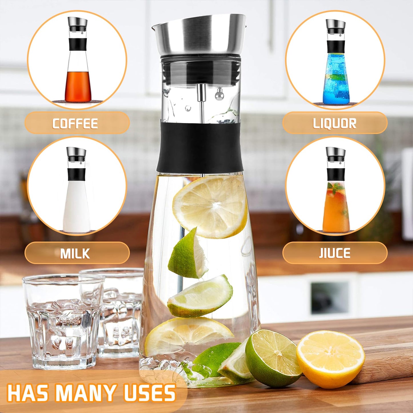 ZHHGOO Glas Karaffe,1.5 Liter Karaffe mit Deckel aus Edelstahl,Wasserkaraffe mit Fruchtspieß,Saft Krug,Glaskaraffe Benutzt für Eistee Heißes Kaltes Wasser Milch Kaffee Wein