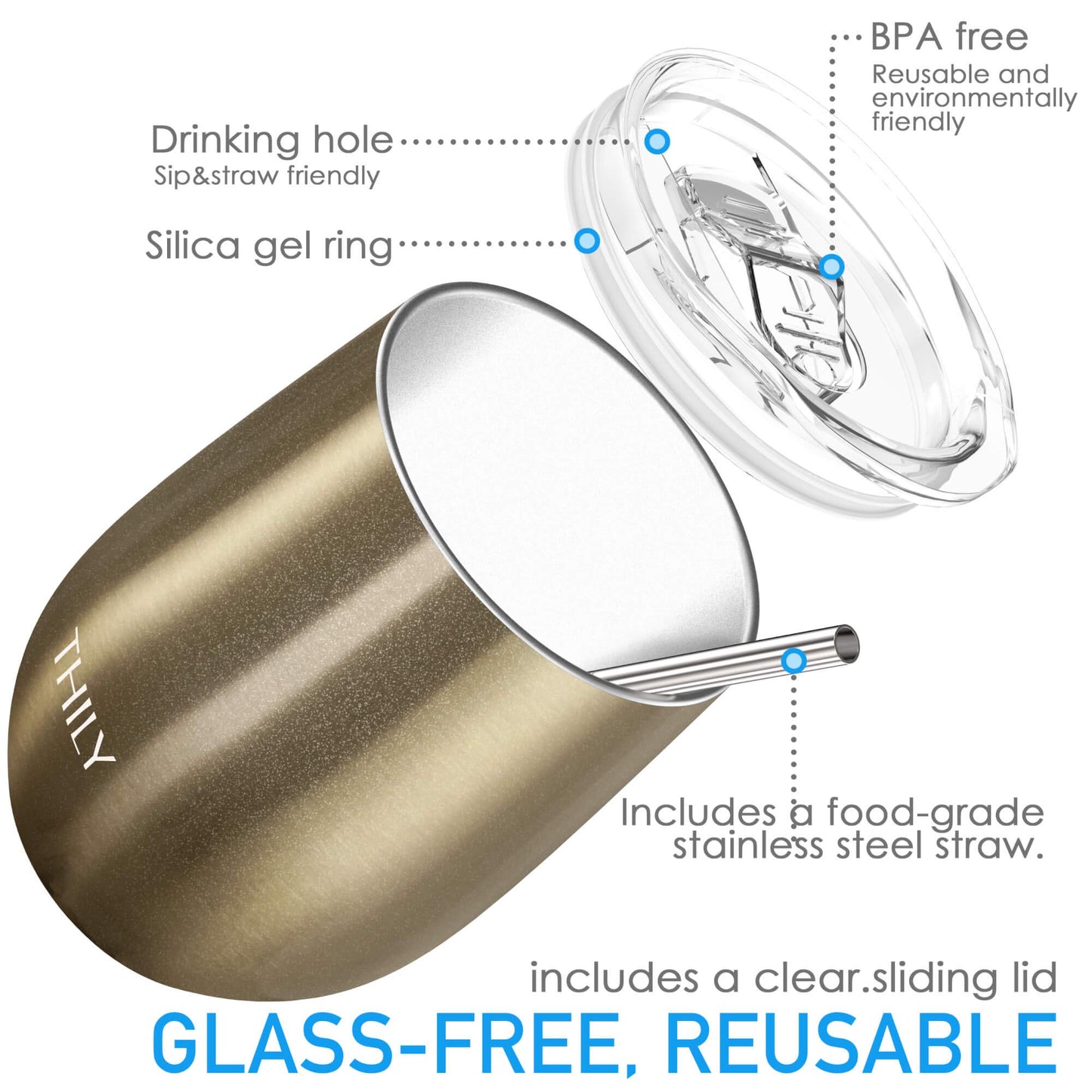THILY Edelstahl-Weinglas 340 ml – Funkelndes Champagner, vakuumisoliert mit Deckel & Strohhalm