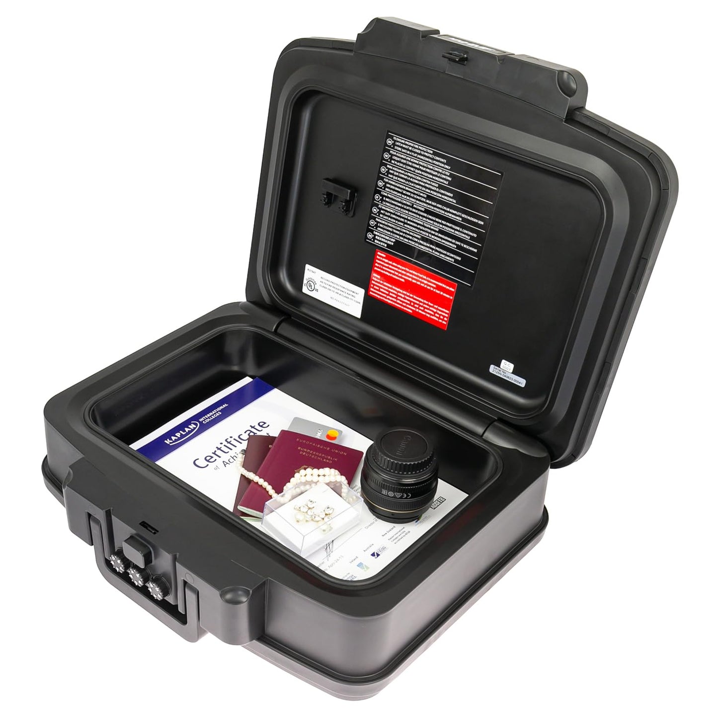 HMF 250437 Feuerfeste Wasserdichte Dokumentenbox mit Zahlenschloss | DIN A4 | 44,5 x 16,5 x 33 cm | Schwarz
