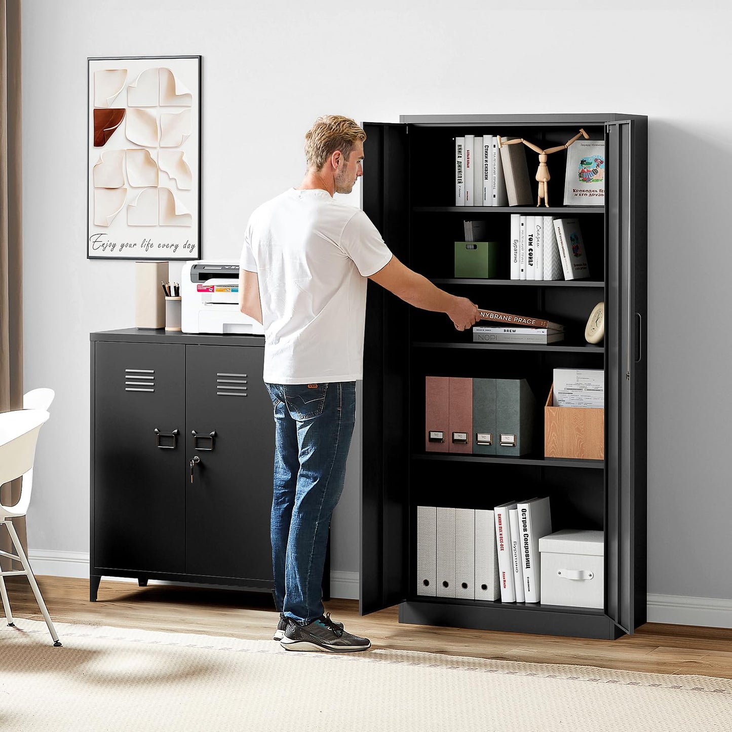 Aktenschrank Aufbewahrungsschrank mit Schloss Stahlschrank Stahlspind Mehrzweckschrank Metallschrank mit 2 Türen für Büro Haus Garage Fitnessstudio Schule 170X78X39cm Schwarz