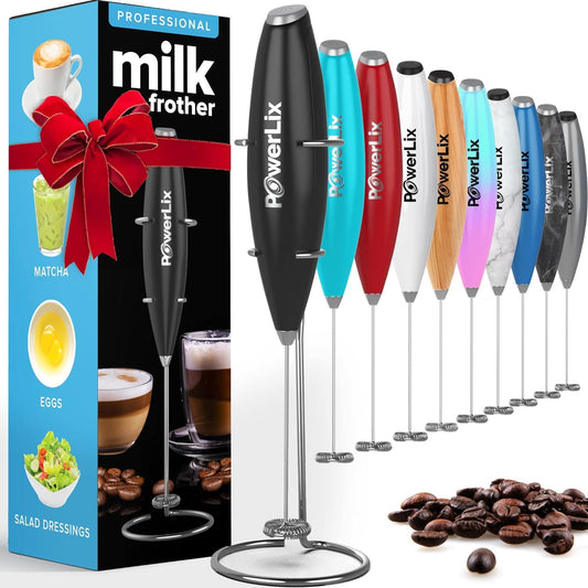 PowerLix Milchaufschäumer Stab, Milchschäumer Elektrisch - mit Edelstahlständer 15-20s, 19000 U/min, Batteriebetriebener Milk Frother für Kaffee, Latte, Cappuccino, Heiß & Kalte Schokolade