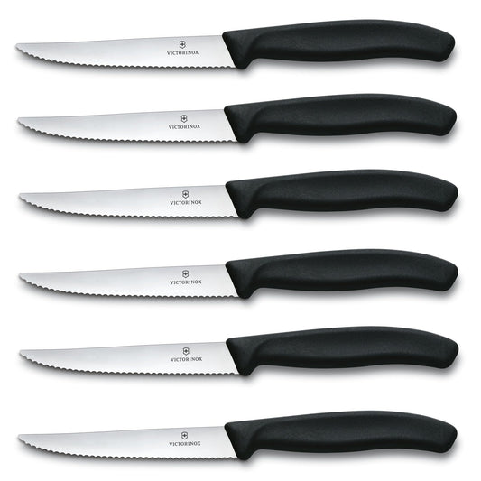Victorinox Swiss Classic, Profi Steakmesser-Set, 6-teilig, Extra Scharfe Klinge, Wellenschliff, 11 cm, Robuster Kunststoffgriff, Rostfreier Stahl, Schwarz