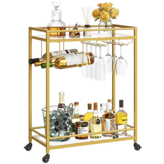 Lifewit Barwagen, Servierwagen mit 2 Etagen Glasböden, rollender Alkoholwagen mit feststellbaren Rädern, Glashalter und Weinregal, Getränkewagen für Küche, Esszimmer und Wohnzimmer, Gold