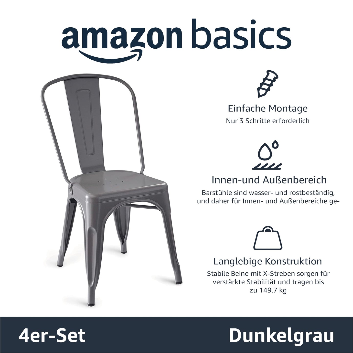 Amazon Basics Esszimmerstühle 4er Set Dunkelgrau – Stapelbar, Metall, Innen- & Außenbereich
