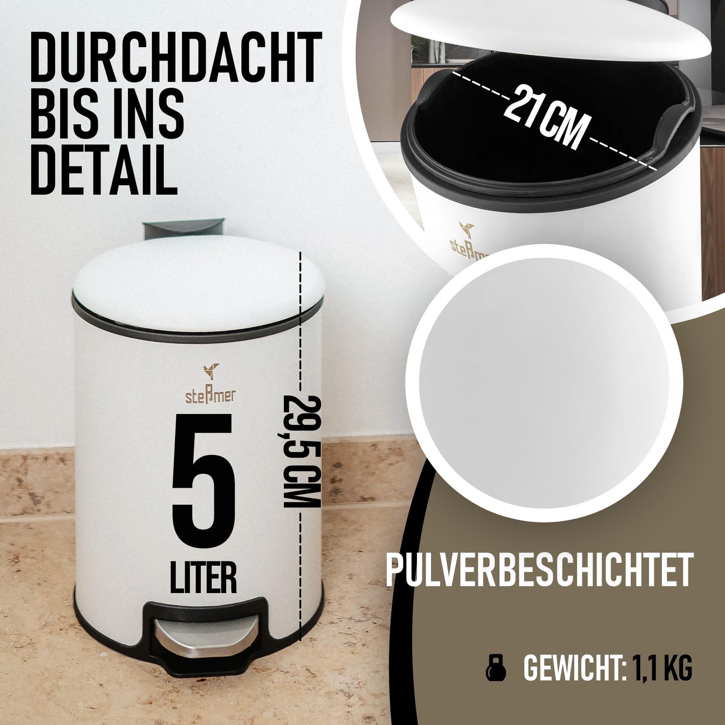 STESSMER Bad Mülleimer [5L] Geruchsdichter kleiner Kosmetikmülleimer fürs Badezimmer | Kosmetik-Badmülleimer, Abfalleimer, Kosmetikeimer, Badeimer, Treteimer, Trash Can | Edelstahl, Schwarz matt