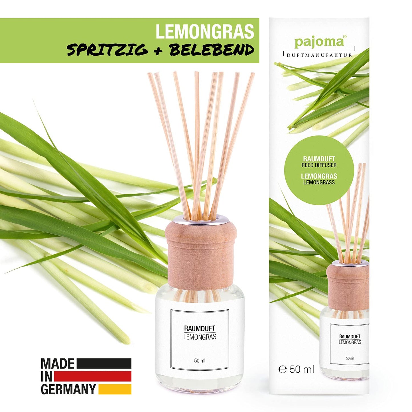 pajoma Raumduft Set, 4 x 50ml Raumdüfte Made in Germany Lavendel, Sandelholz & Amber, Vanille, Lemongras, Raumerfrischer