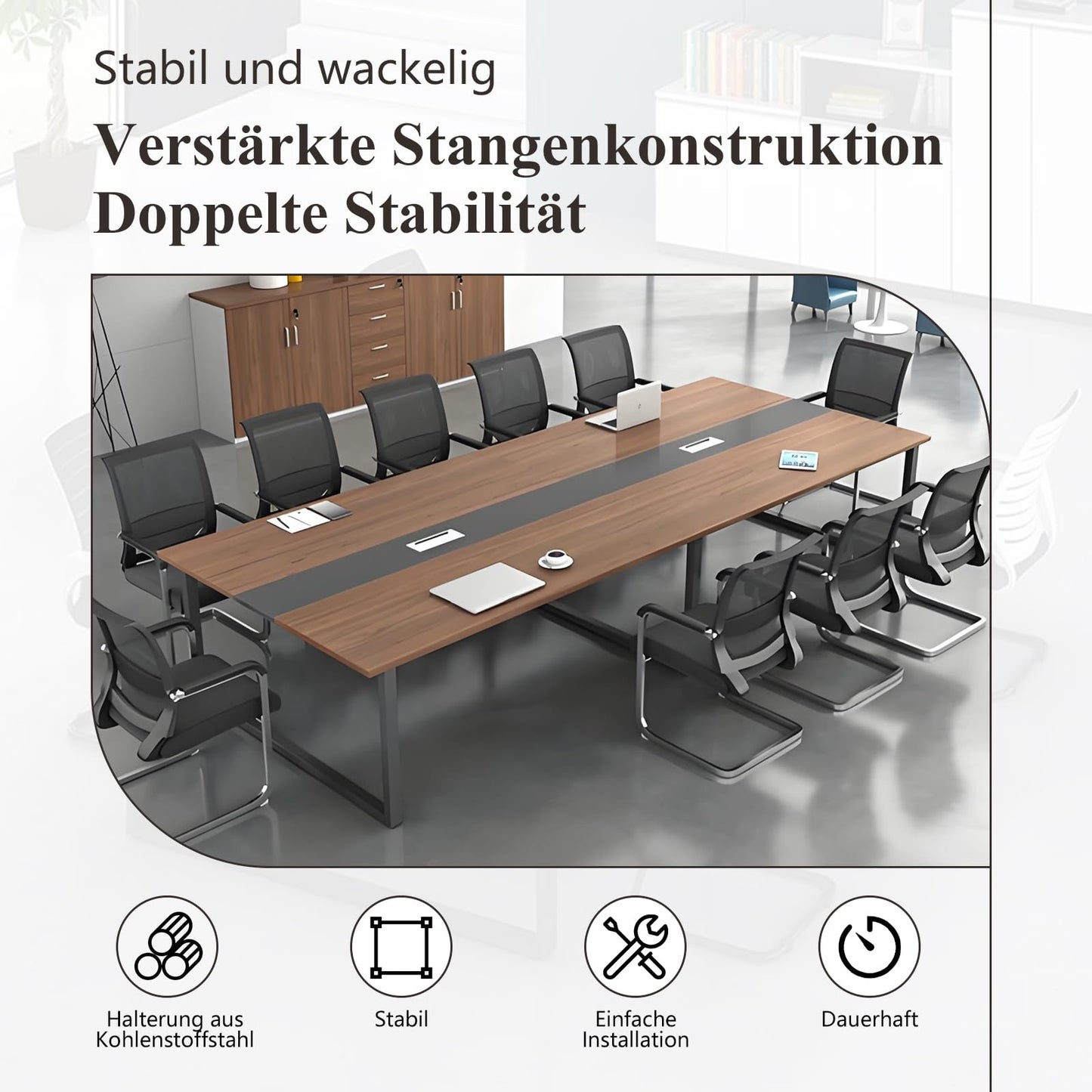 ZRBDDEF Großer Konferenztisch Dunkelgrau, Moderner Rechteckiger Meetingtisch für 8-12 Personen mit Kabelmanagement, Stabiler Metallrahmen