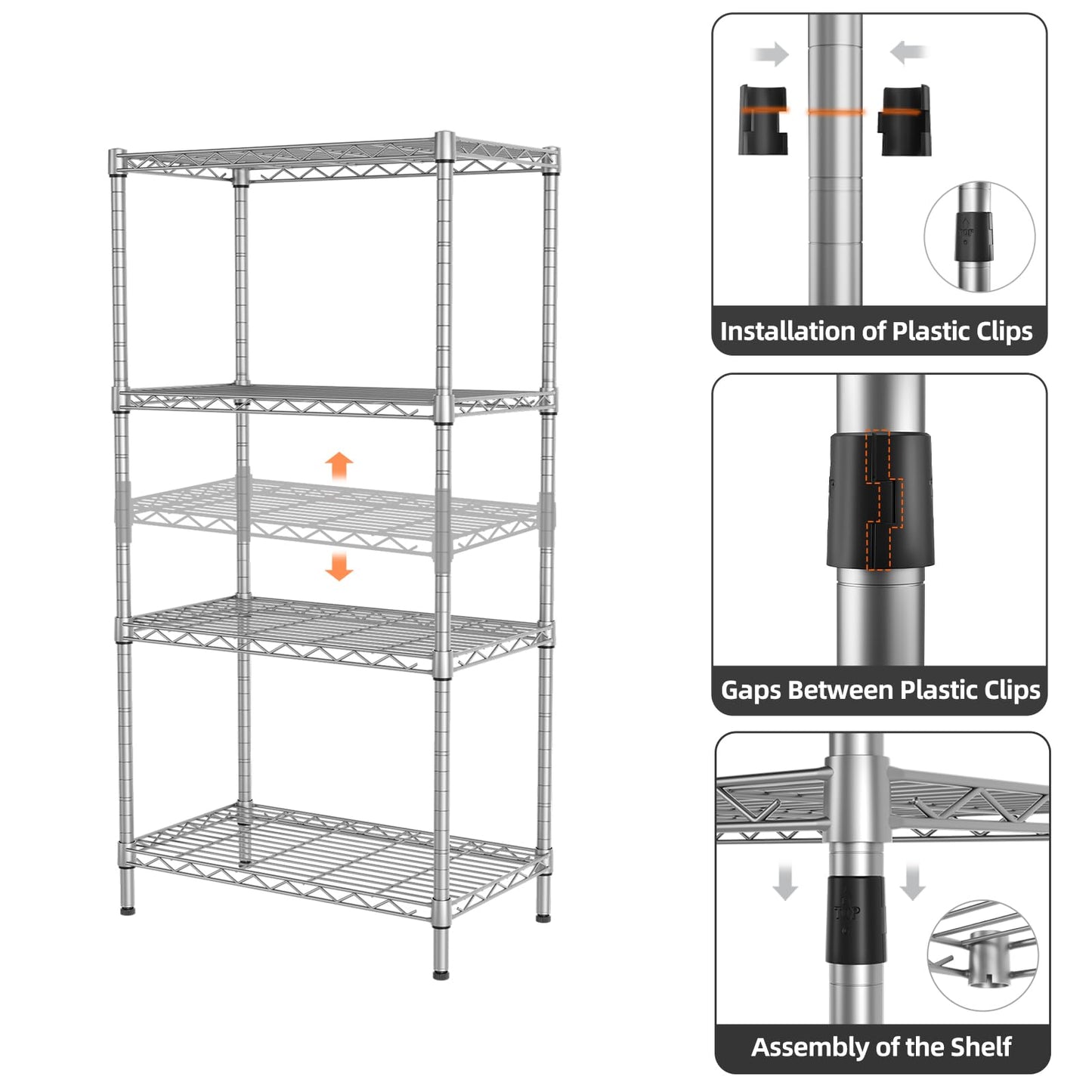 SINGAYE Drahtregal mit 4 Regalböden, verstellbare Aufbewahrungsregale für Waschküche, Badezimmer, Küche, Büro, Speisekammer, 54 cm B x 29 cm T x 110 cm H (Silber)