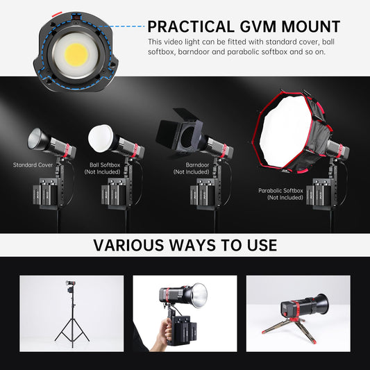 GVM 60W LED Videolicht mit Akku, APP-Steuerung COB Studiolicht LED, 2700K-6800K LED Fotografie Dauerlicht für Film Studio Video YouTube, LED Videolampe mit 12 Lichteffekten, 49300Lux/0,5m Fotolicht