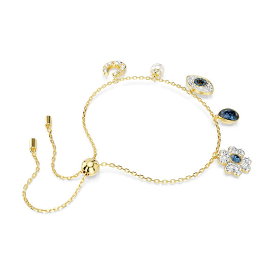 Swarovski Symbolica Armband, Glücksklee, „Evil Eye“ und Hufeisen, Blau, Goldlegierungsschicht