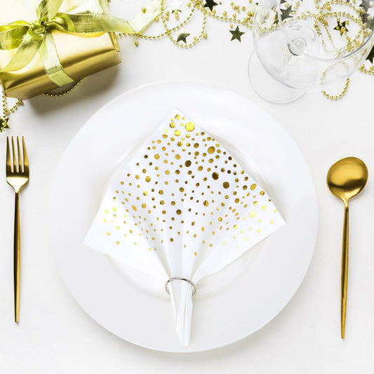 60 Stück Weiß Gold Gepunktet Party-Servietten,Servietten Gold Dots Papierservietten Golden Foiled Papierservietten Weiß mit Goldenen Cocktail-Servietten Party-Servietten Abendessen Servietten,33x33cm