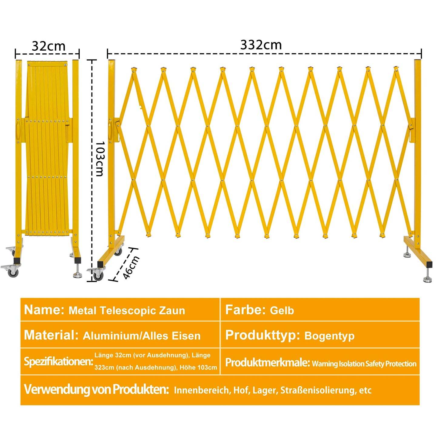 OUUTMEE Scherengitter ausziehbar, maximaler Breite 330cm x Höhe 120 cm, Teleskop-Tor, Baustelle/Bahnhof/Schule/Garage, Gitter-Akkordeon-Zaun, Zaun/Zaun, Zauntor (leicht, kompakt) Gelb