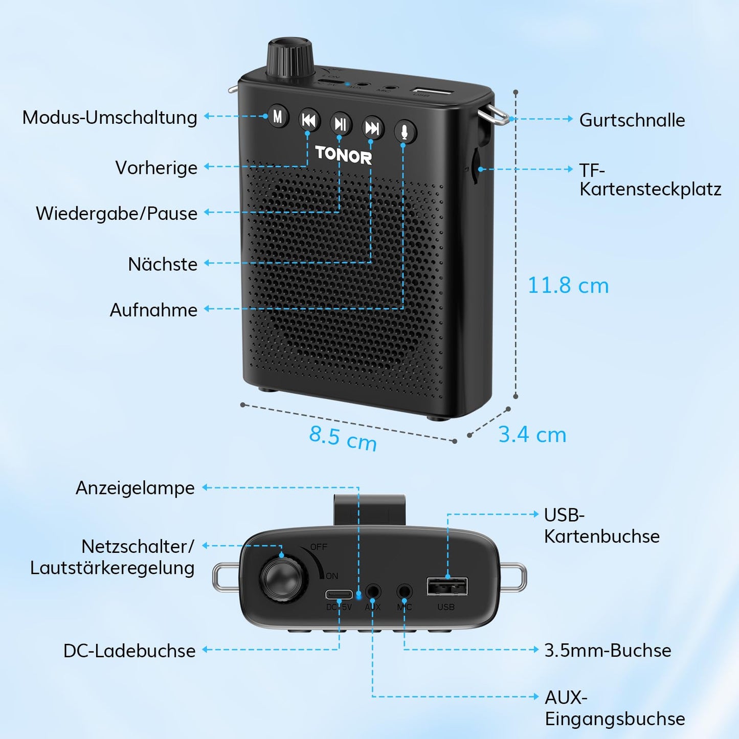 TONOR Sprachverstärker tragbar Blutooth Lautsprecher mit kabelgebundenem Mikrofon Headset, Wiederaufladbares Mini Stimmverstärker für Trainer Lehrer Reiseführer Tagungen Fitnesstrainer, K10
