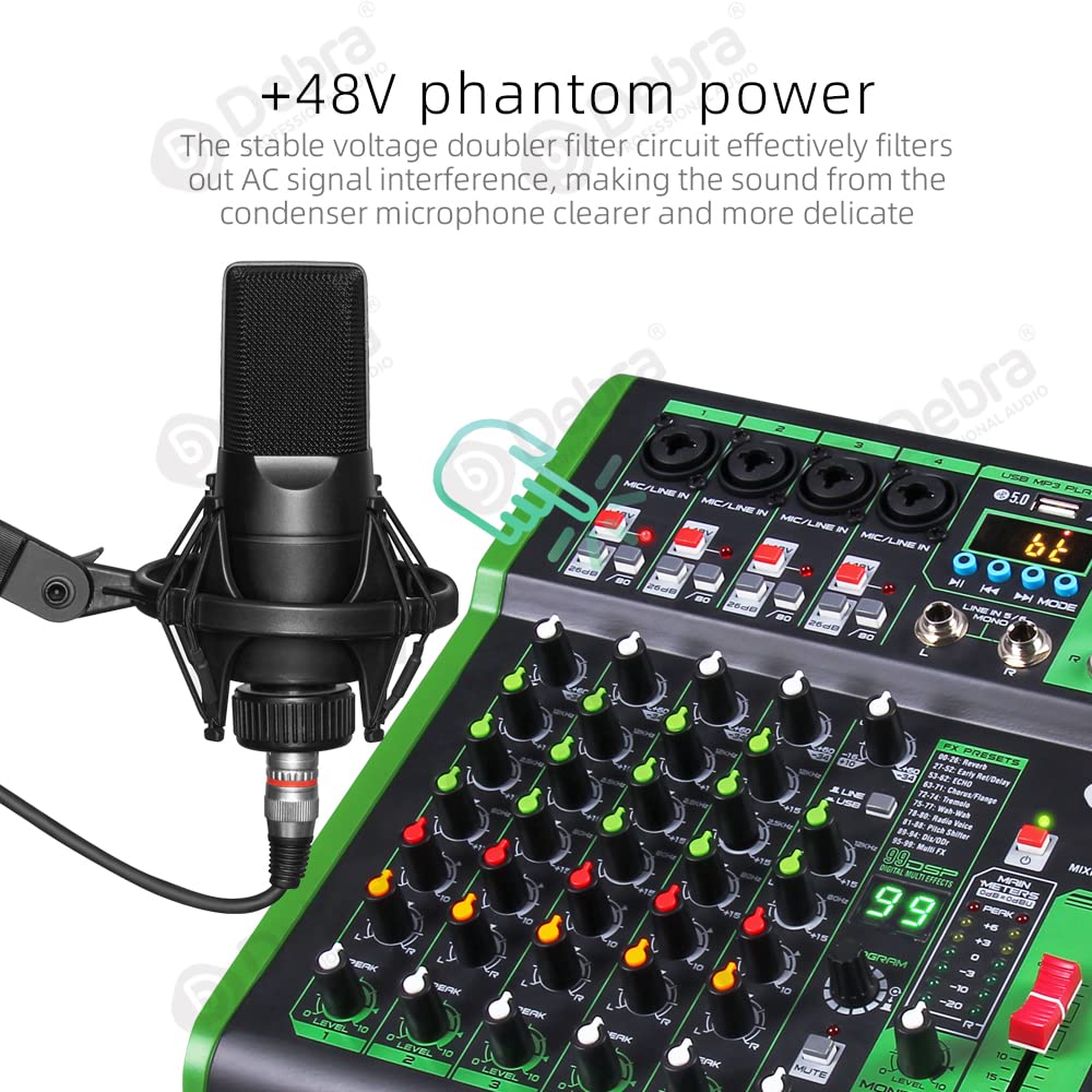 D Debra DI-6UX-Serie Professioneller Mixer Audio mit 99 DSP Digitaleffekten USB MP3 Eingang 48V Professionelle Phantomspeisung Mikrofon-Preamps für DJ Mixer Konsole Aufnahmestudio (DI-6UX)