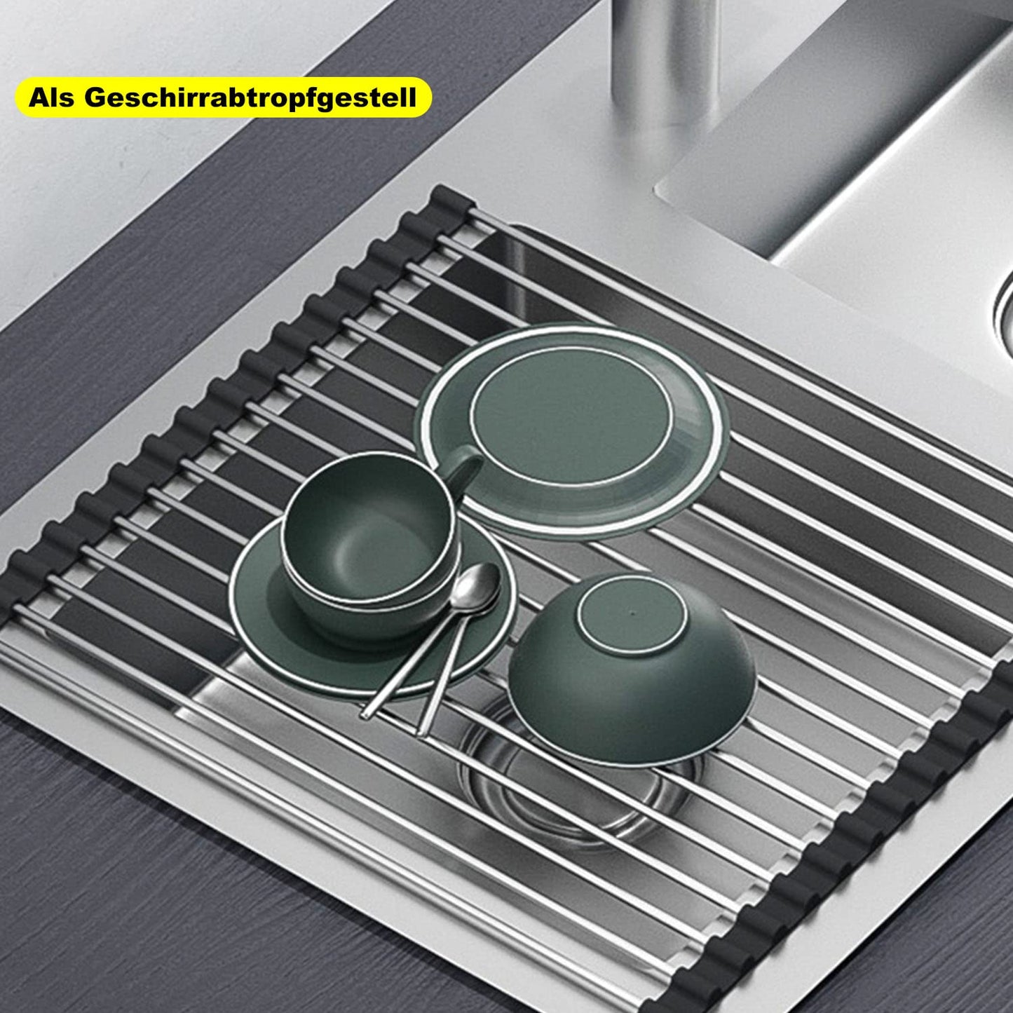 ViWaVee Abtropfgestell Geschirr, Faltbare und Abnehmbare Geschirrabtropfgestell über Dem Spülbecken, Abtropfmatte, Abtropfgitter spüle für Tassen, Obst, Gemüse, Super Küchen Organizer (Schwarz(43*35))