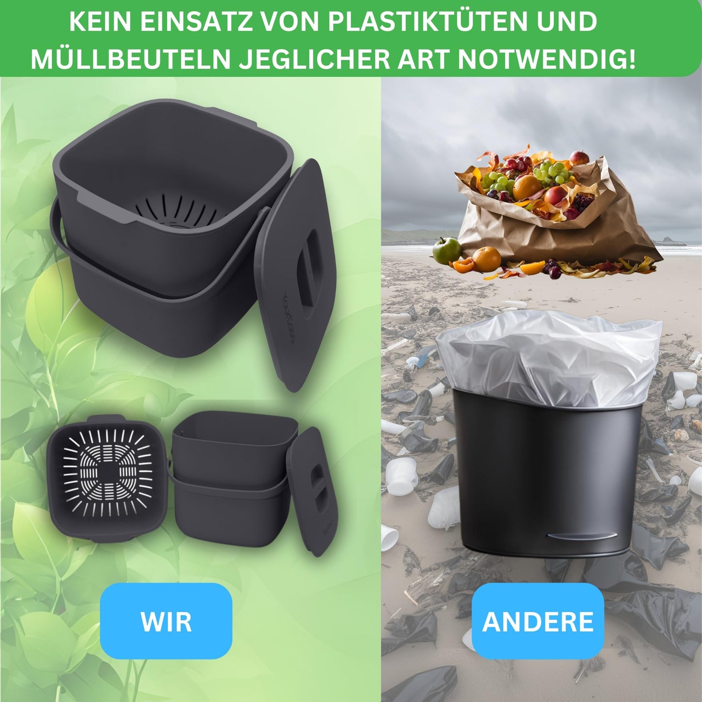 YourCasa Biomülleimer Küche 4L Komposteimer für alltäglichen Biomüll Behälter - Spülmaschinenfest - Geruchsdicht - Sieb - Bio Mülleimer klein mit Deckel Eimer Bioabfallbehälter Biotonne (4L Anthrazit)