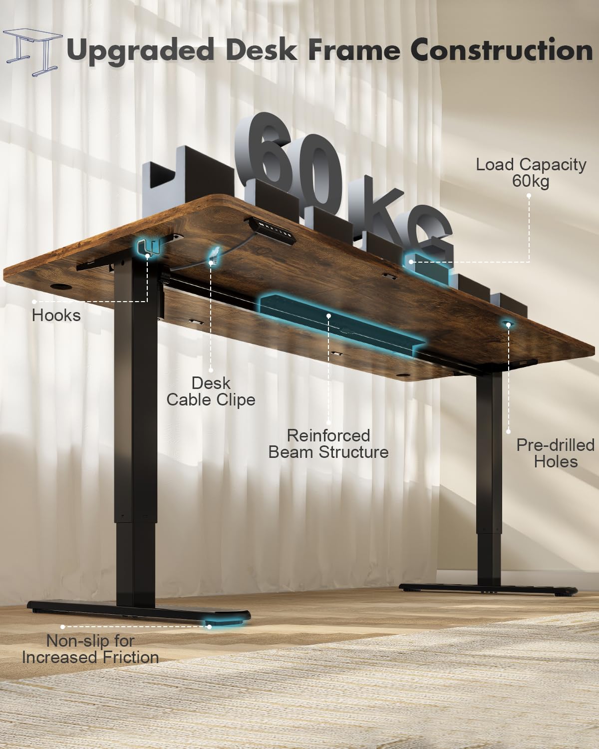 JUMMICO Höhenverstellbarer Schreibtisch Höhenverstellbar Elektrisch, Ergonomischer Steh-Sitz Tisch Stehpult Verstellbarer Computertisch,Stehschreibtisch Bürotisch Standing Desk,100 x 60 cm, Braun