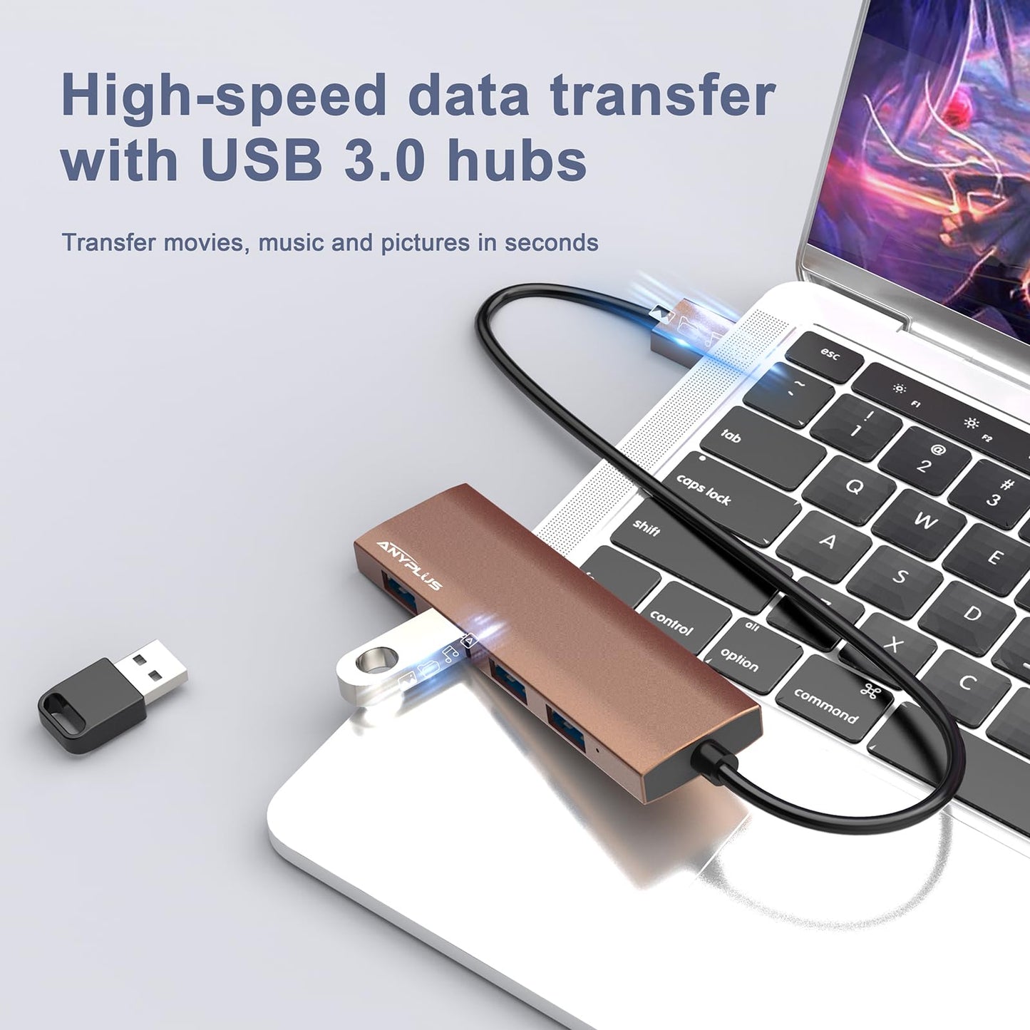 ANYPLUS USB Hub 3.0, USB Verteiler Aluminiumlegierung Ultra Slim USB Splitter, Tragbarer 4 Port USB-Hubs, USB Mehrfachstecker für Laptop, PC, iMac, Mac Pro,Surface Pro, MacBook, Flash Drive【Braun】