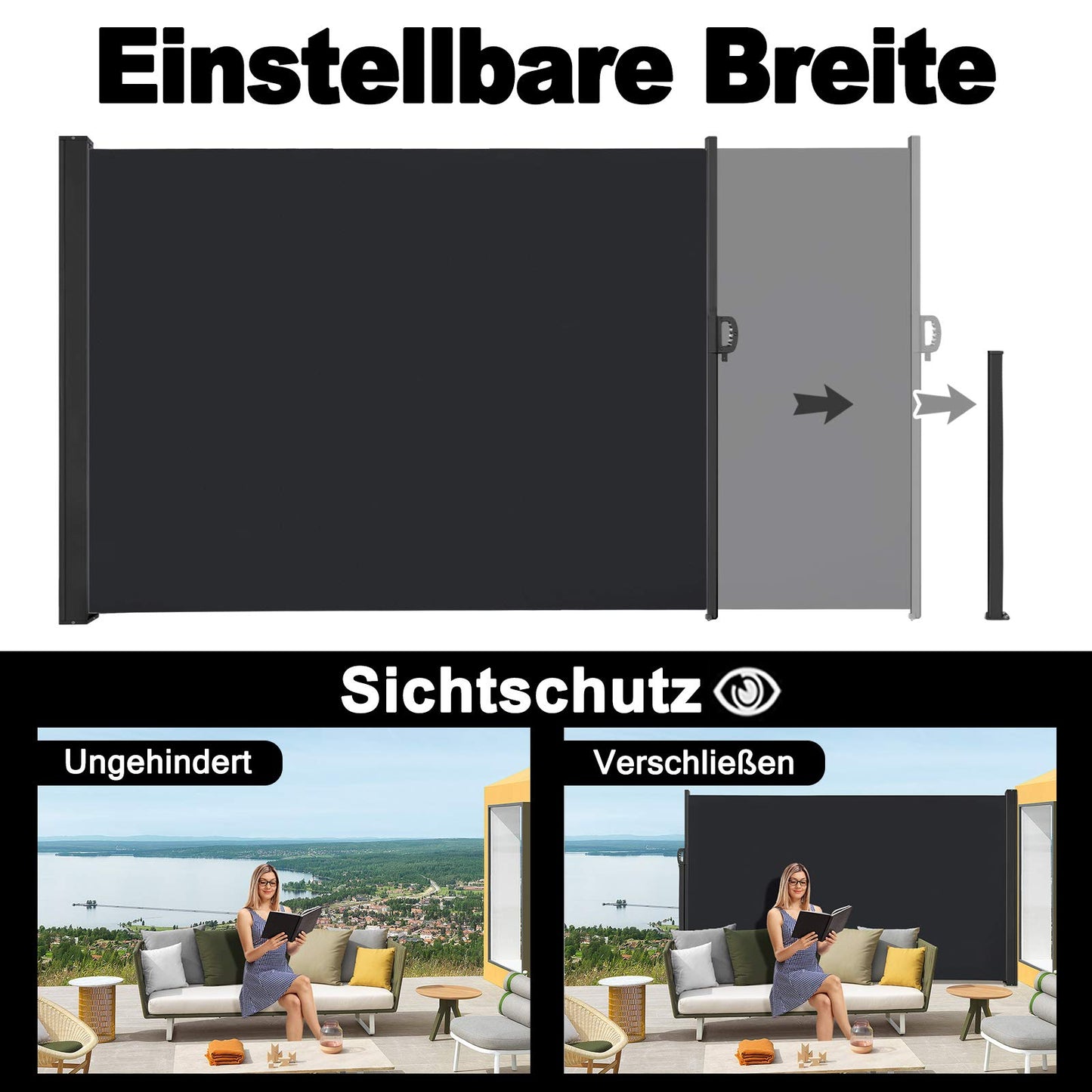 NAIZY Seitenmarkise 160x300cm Sichtschutz Balkon Ausziehbar Vertikalmarkise 100% Polyester & Alu Ständer Sichtschutzwand Blickdicht UV-Schutz Seitenrollo mit Griff für Balkon und Terrasse, Anthrazit