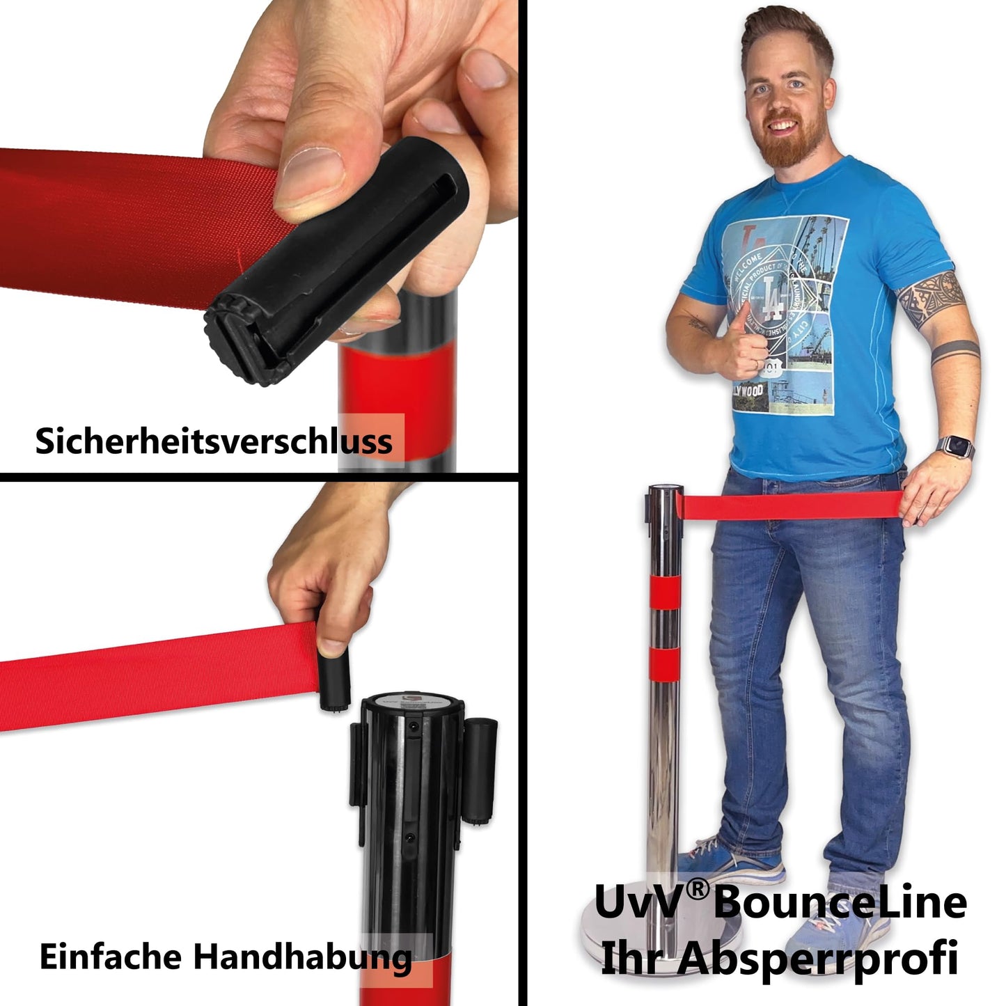 UvV BounceLine Personenleitsystem, Absperrpfosten, Edelstahl, 2 Pfosten 90 cm Hoch je 2 m Gewebeband (Stahl-6 kg (Basic), blau)