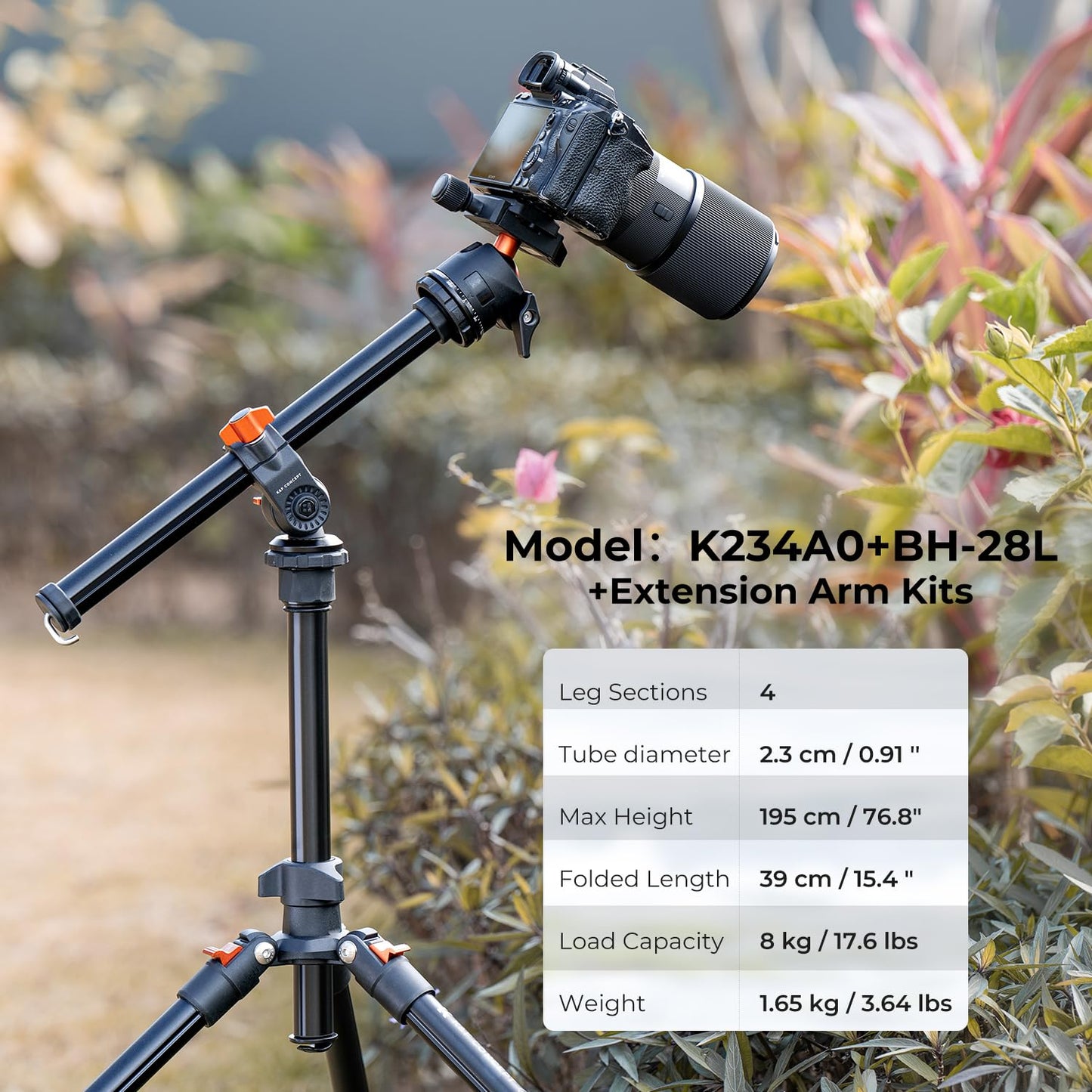 K&F Concept K234A0 Kamera Stativ mit Auslegearm,163cm Handy Stativ, Tripod für unterwegs, Stativ für Smartphone mit Handyhalterung, Aluminium Reisestativ mit BH-28L Kugelkopf