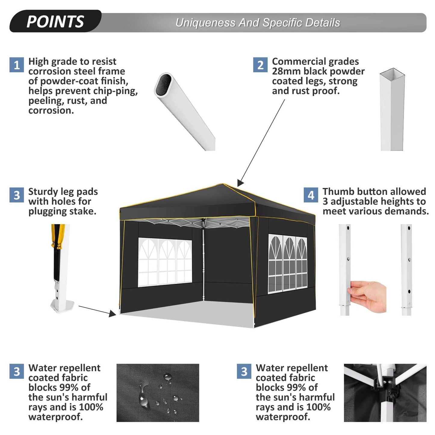 COBIZI Pavillon 3x3 Wasserdicht Stabil Winterfest Partyzelt, Faltpavillon 3x3 mit 4 Seitenteilen 3.0, 100% Wasserdicht und UV 50+ Tragbares High-End Tragbarkeit Gartenpavillon, Schwarz