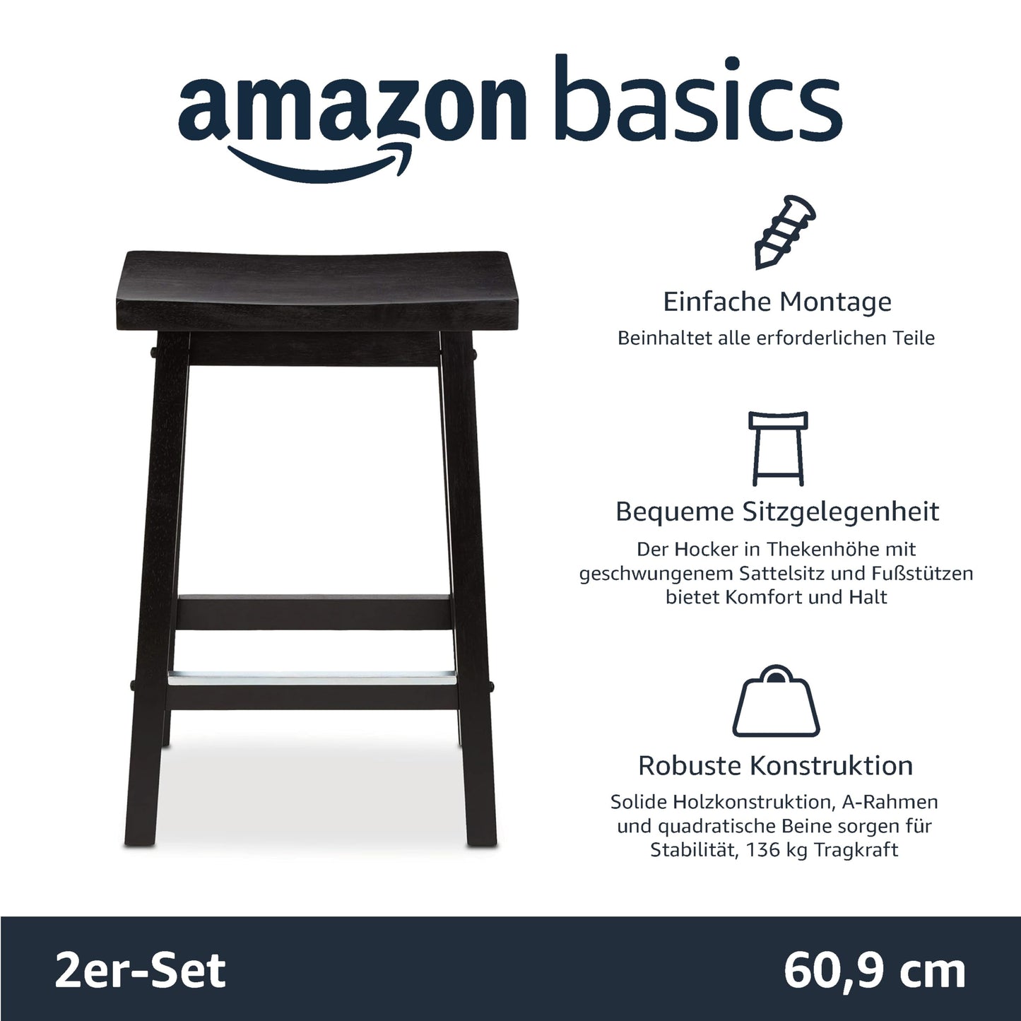 Amazon Basics Hocker für Küchentheke, Sitzfläche aus Massivholz, 61 cm hoch, Schwarz, 2 Stück