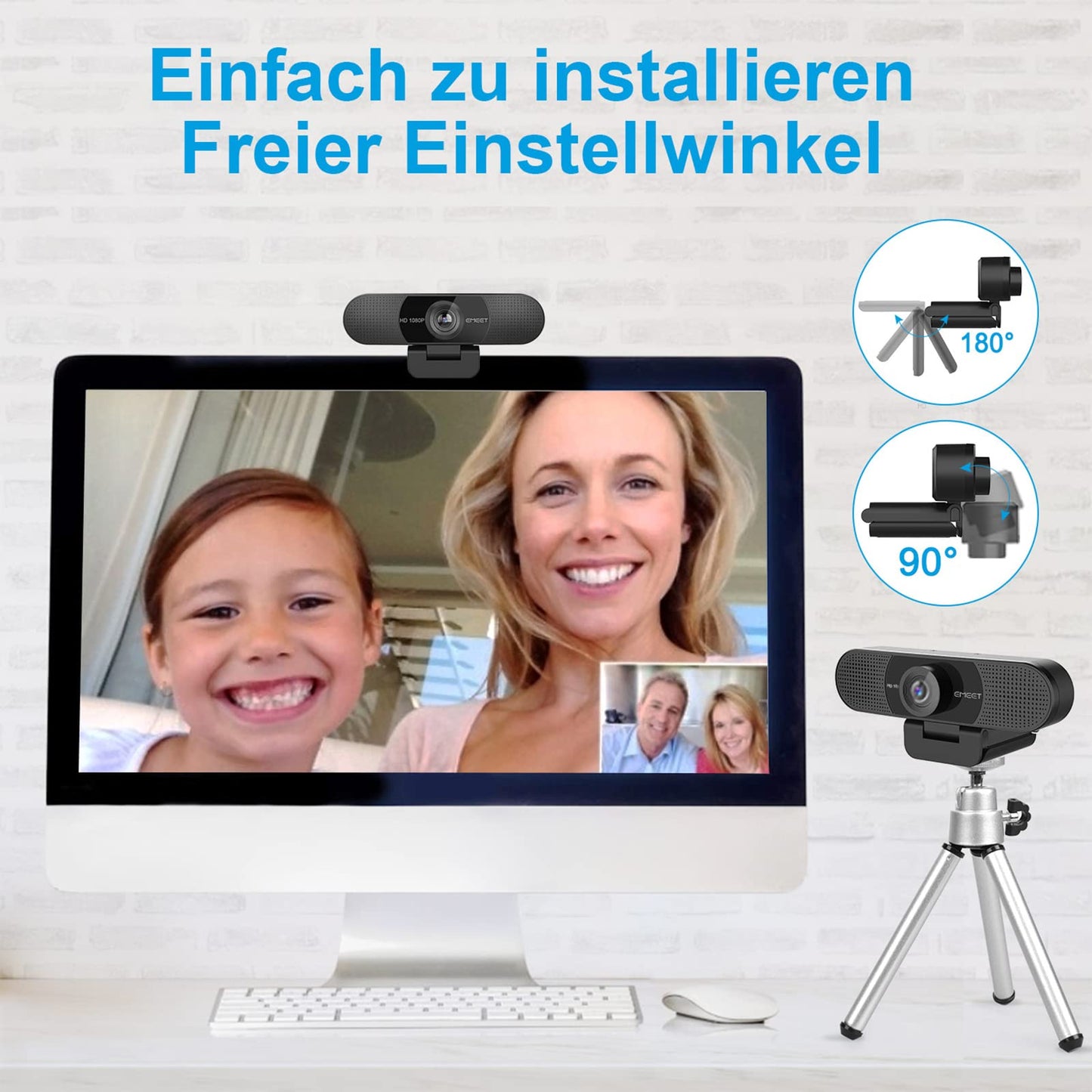 EMEET Full HD Webcam - C960 1080P Webcam mit Objektivabdeckung & Dual Mikrofon, 90 ° Streaming Kamera mit Automatische Lichtkorrektur, Plug & Play, für Linux, Win10, Mac OS