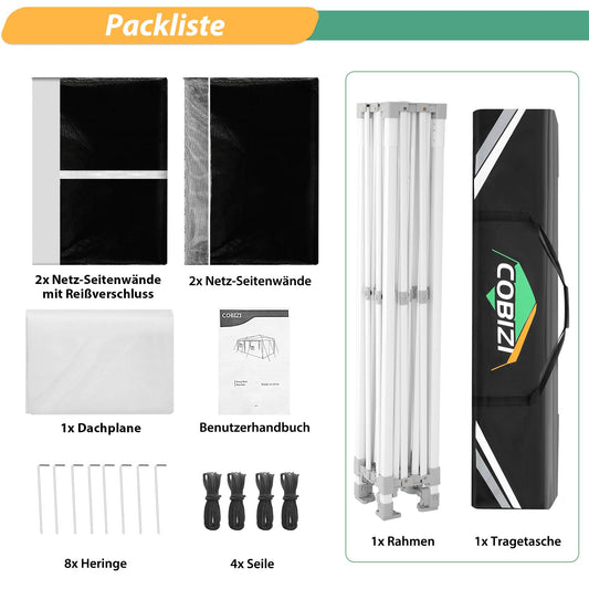 COBIZI Pavillon 3x3 Faltpavillon 3x3 Wasserdicht Stabil, Pop up Pavillon Faltbar, Partyzelt Gartenpavillon, Pavillion Klappbar 3x3 UV-Schutz mit 4 Seitenwänden aus Mesh, Weiß