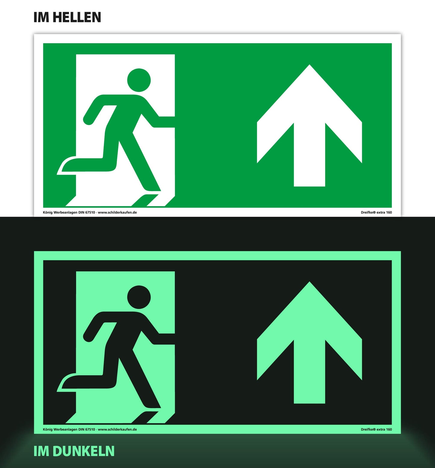 Schild Notausgang | extra langnachleuchtend | PVC selbstklebend 297x148mm | gemäß ASR A1.3 DIN 7010 DIN 67510 | Notausgangsschild rechts aufwärts geradeaus| Fluchtweg Rettungsweg | Dreifke® extra 160