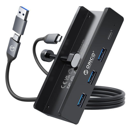 ORICO USB Hub, Aluminum USB 3.0 Hub Clip mit 5V Stromversorgungsanschluss, 5Gbps 4 Port USB Verteiler mit 3 USB-A 3.0 und 1 USB-C 3.0, 100cm Kabel (C auf A/C), für Monitoren, Schreibtischen, Schwarz