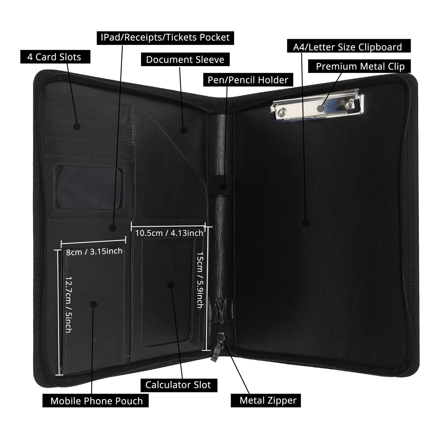 GraduationMall Schreibmappe A4 Reißverschluss, Klemmbrett Business Mappe Konferenzmappe, Dokumentenmappe Leder, Portfolio Padfolio Schwarz