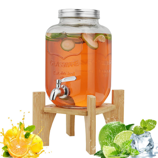 Hiziwimi 4L Getränkespender mit Ständer, Getränkespender aus Glas mit Zapfhahn aus massivem Edelstahl (4L-Glas mit Ständer aus Bambus)