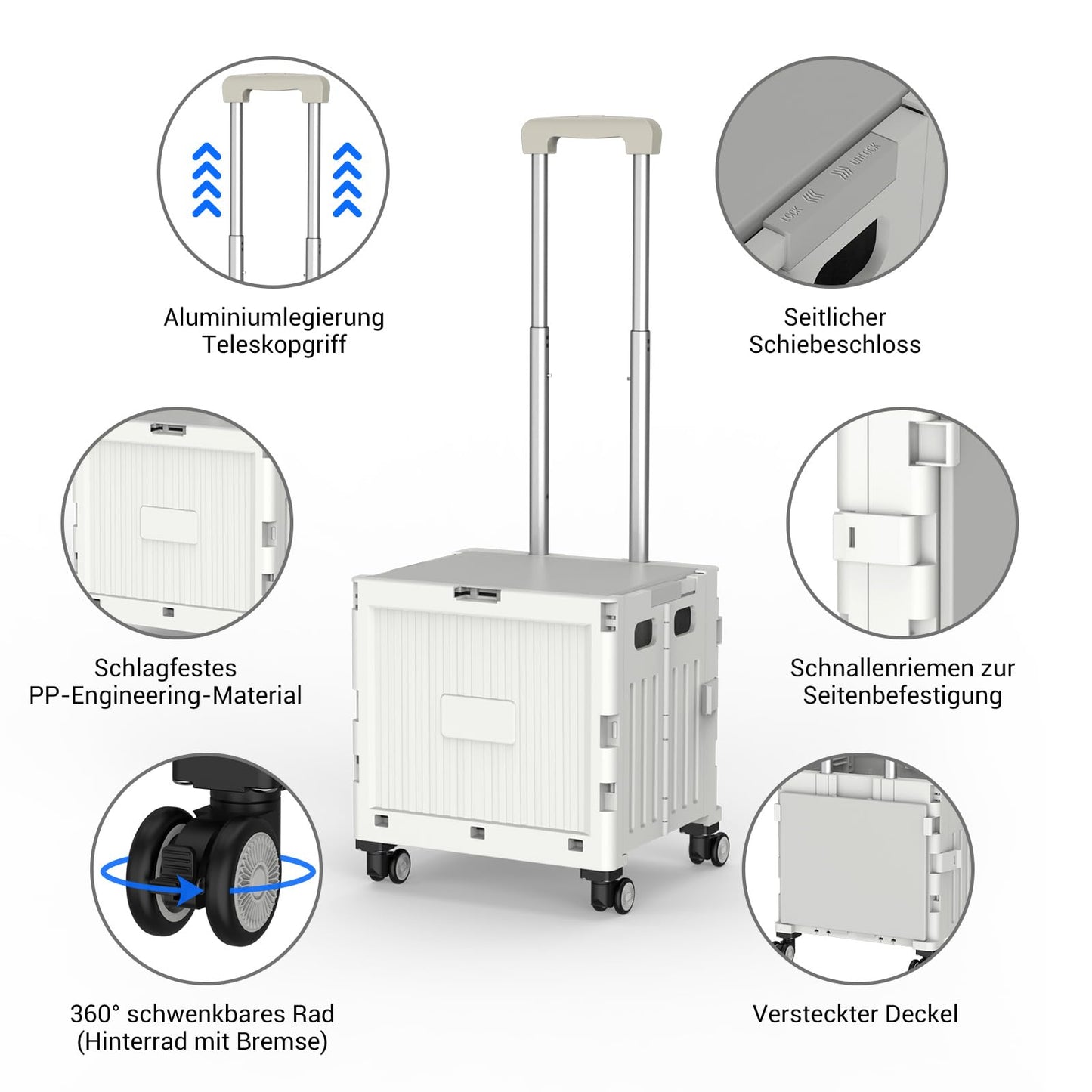 Meisax Einkaufstrolley klappbar, Einkaufswagen bis 30 kg, Transportbox mit 4 Rollen, Shopping Trolley Verstellbarer Aluminium Griff, Klappbar Transport Trolley für Einkaufen, Reisen, Büro (Grau)