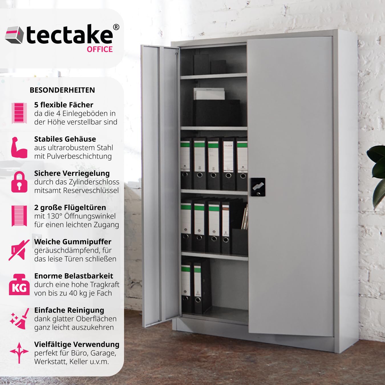 tectake® Aktenschrank, Büroschrank abschließbar, Mehrzweckschrank aus Stahl, Allzweckschrank, mit 2 Türen, Ink. 5 höhenverstellbare Einlegeböden, Aktenschrank abschließbar, 180x90x40 cm - grau