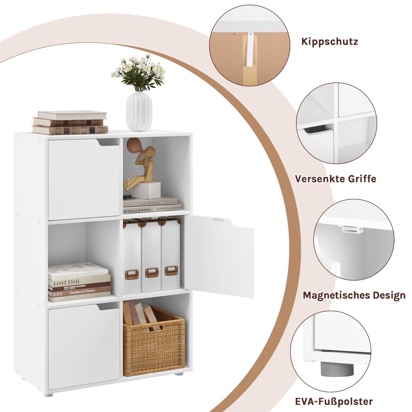 WOLTU Bücherregal Bücherschrank Standregal Aufbewahrungregal Raumteiler Büroregal Aktenschrank, mit 3 Türen, 6 Fächer, 29 x 91 x 59,6 cm,Weiß SK001ws