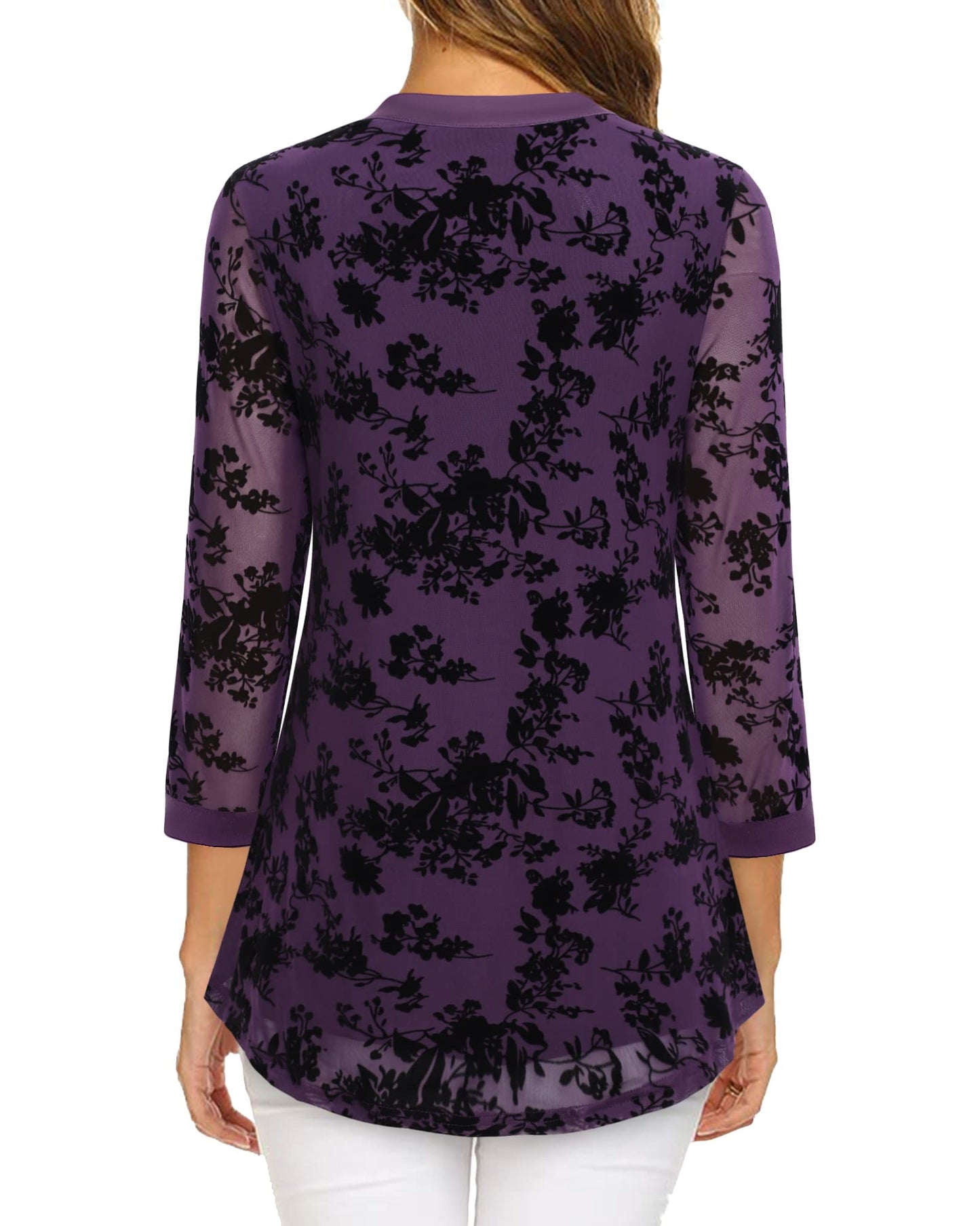 Vafoly Spring V Neck Damen Tops und Blusen 3/4 Ärmel Blusen für Frauen Dressy Arbeitskleidung Büro Kleidung Loose Fit Flowy Business Casual V Neck Tunika Tops Beflockte Violett Blumen XXL
