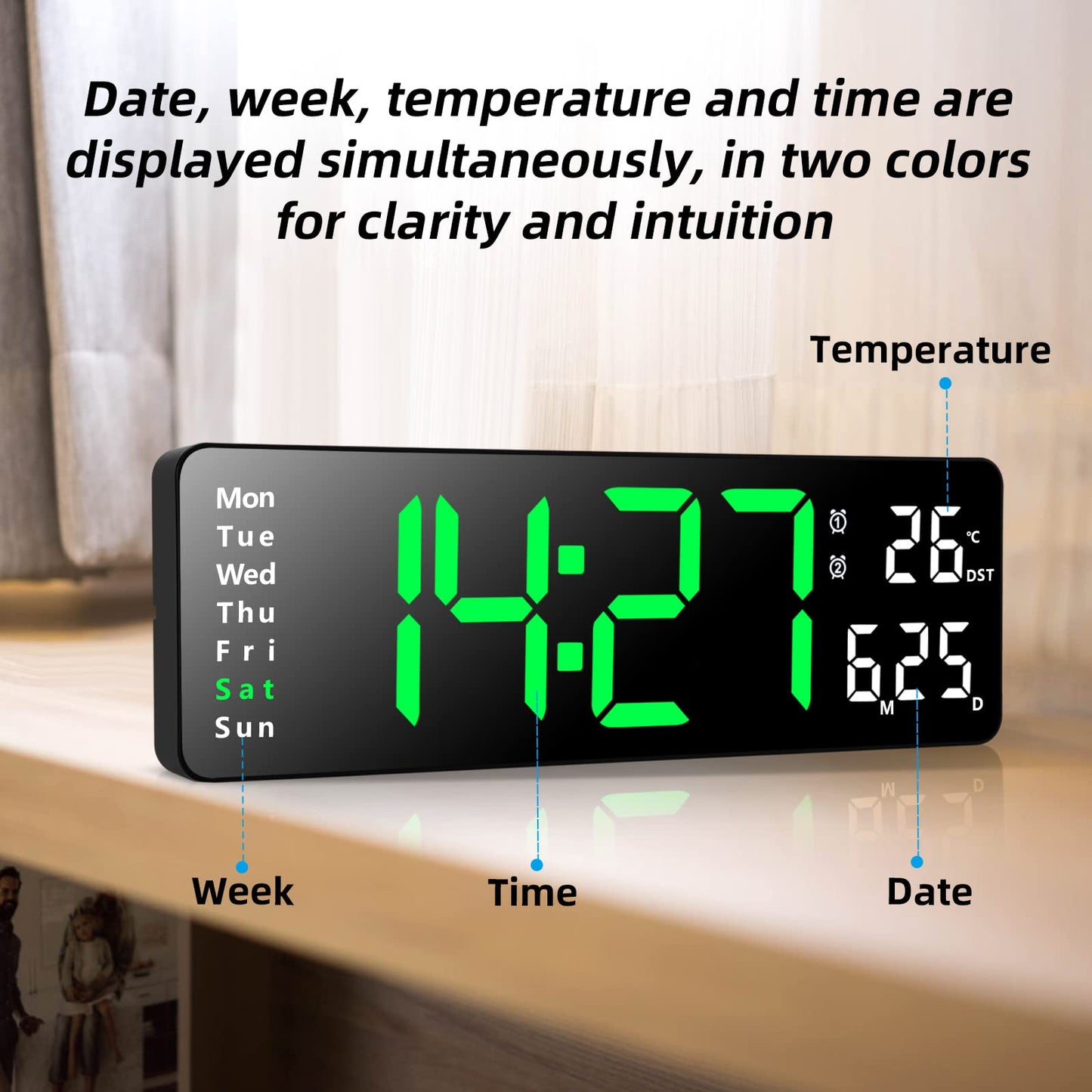 Fuloon Wanduhr Digital, LED Wanduhr mit 13-Zoll-Großdisplay, Digital Wecker mit Fernbedienung, Timing- und Countdown, Tischuhr Digital mit Datum, Woche, Temperatur für Schlafzimmer, Wohnzimmer