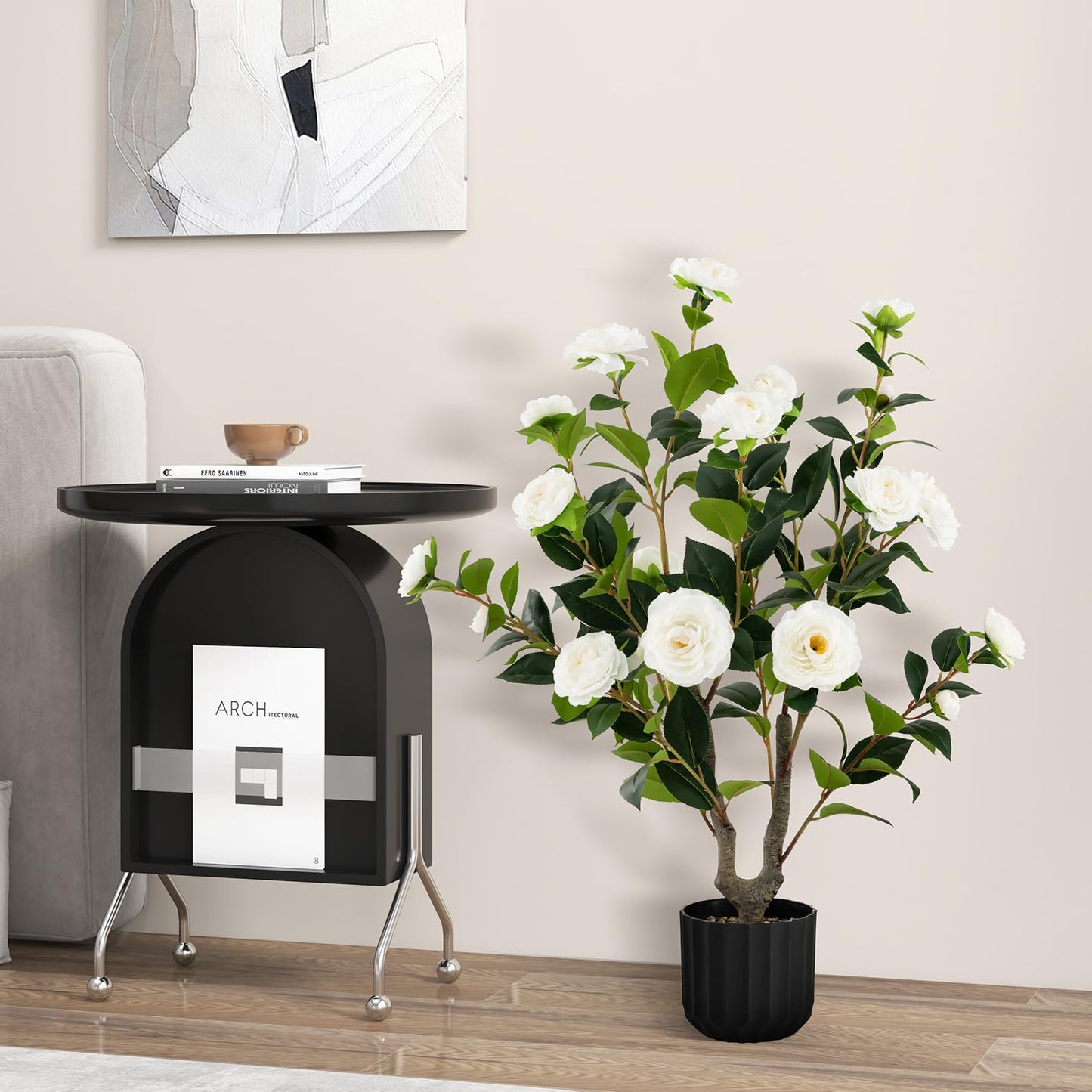COSTWAY 2er Set Kunstbaum mit Blüten 95cm, Künstlicher Kamelienbaum, Kunstpflanze im Topf, Kamelienpflanze mit 24 Blüten & natürlicher Stamm, Kunstblume Zuhause, Zimmerpflanze Dekopflanze (2, Weiß)