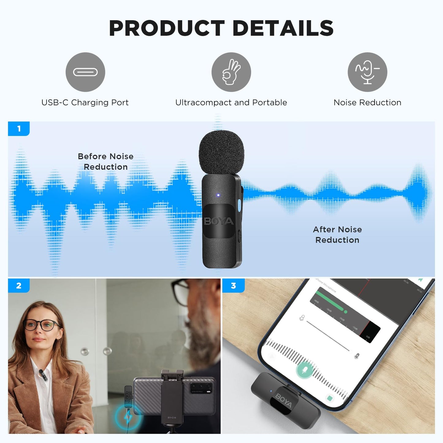 BOYA BY-V20 USB-C kabelloses Mikrofon, Mini-Ansteckmikrofon mit Geräuschunterdrückung, kompatibel mit Android/Typ-C-Smartphone, Laptop für YouTube, Podcast, Facebook, Vlogging Aufnahmen