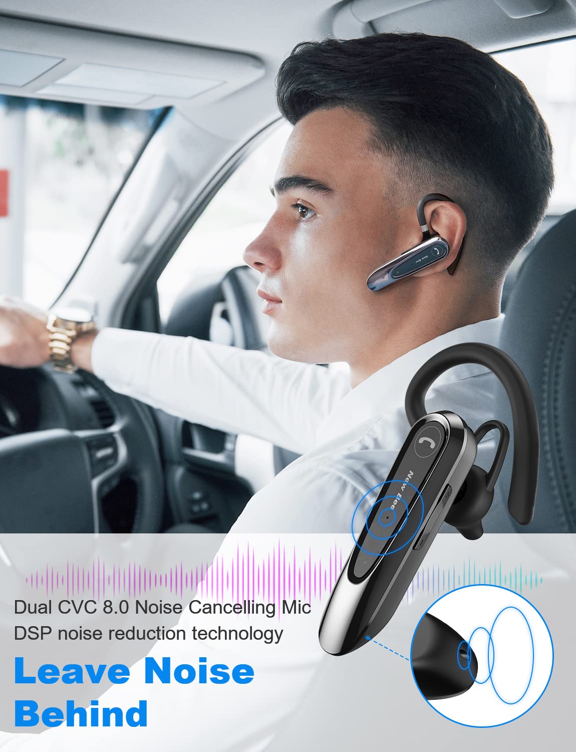 New bee Bluetooth Headset Wireless Freisprech Telefon mit Dual Mic V5.0 Freisprech-Bluetooth-Ohrhörer mit 20 Stunden Sprechzeit Mic Mute Zwei-Geräte-Verbindung für iPhone, Android und Laptop