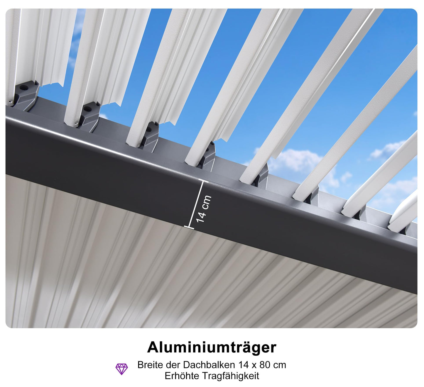 PURPLE LEAF Pergola 3.45 x 6.23 m Wasserdicht Stabil Winterfest Alu Pergola mit Lamellendach Terrassenüberdachung mit Verstellbaren Alu-Lamellen für Carport, Grauer Rahmen und Weißes Dach