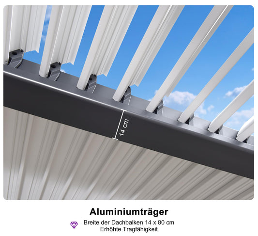 PURPLE LEAF Pergola 3.45 x 8.3 m Wasserdicht Stabil Winterfest Alu Pergola Freistehend mit Lamellendach Terrassenüberdachung mit Alu-Lamellen für Partyzelt, Grauer Rahmen und Weißes Dach