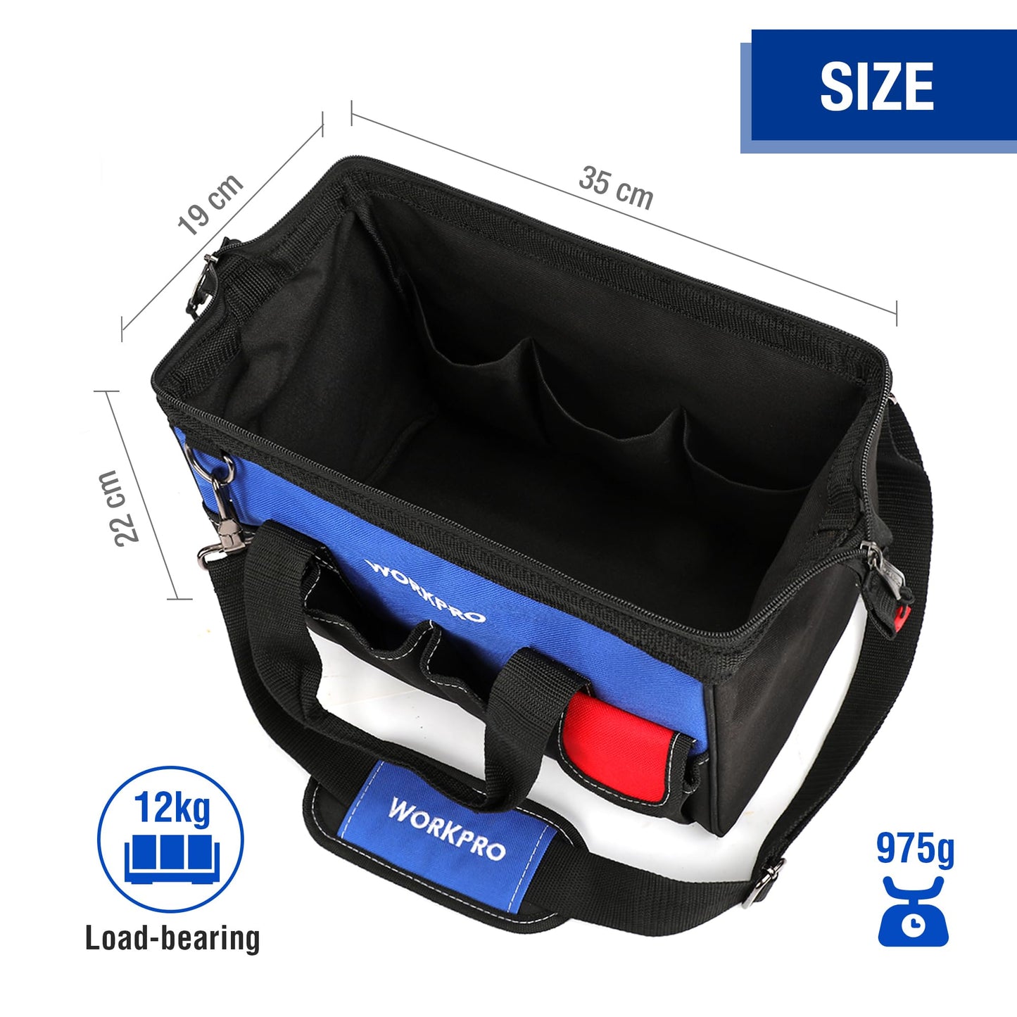 WORKPRO Werkzeugtasche Elektriker, Wasserdichte Werkzeugtasche Profi, weite Öffnung & große Kapazität 35CM aus 600D Polyester, Schultergurt verstellbar, Multifunktion für Heimwerker Handwerker