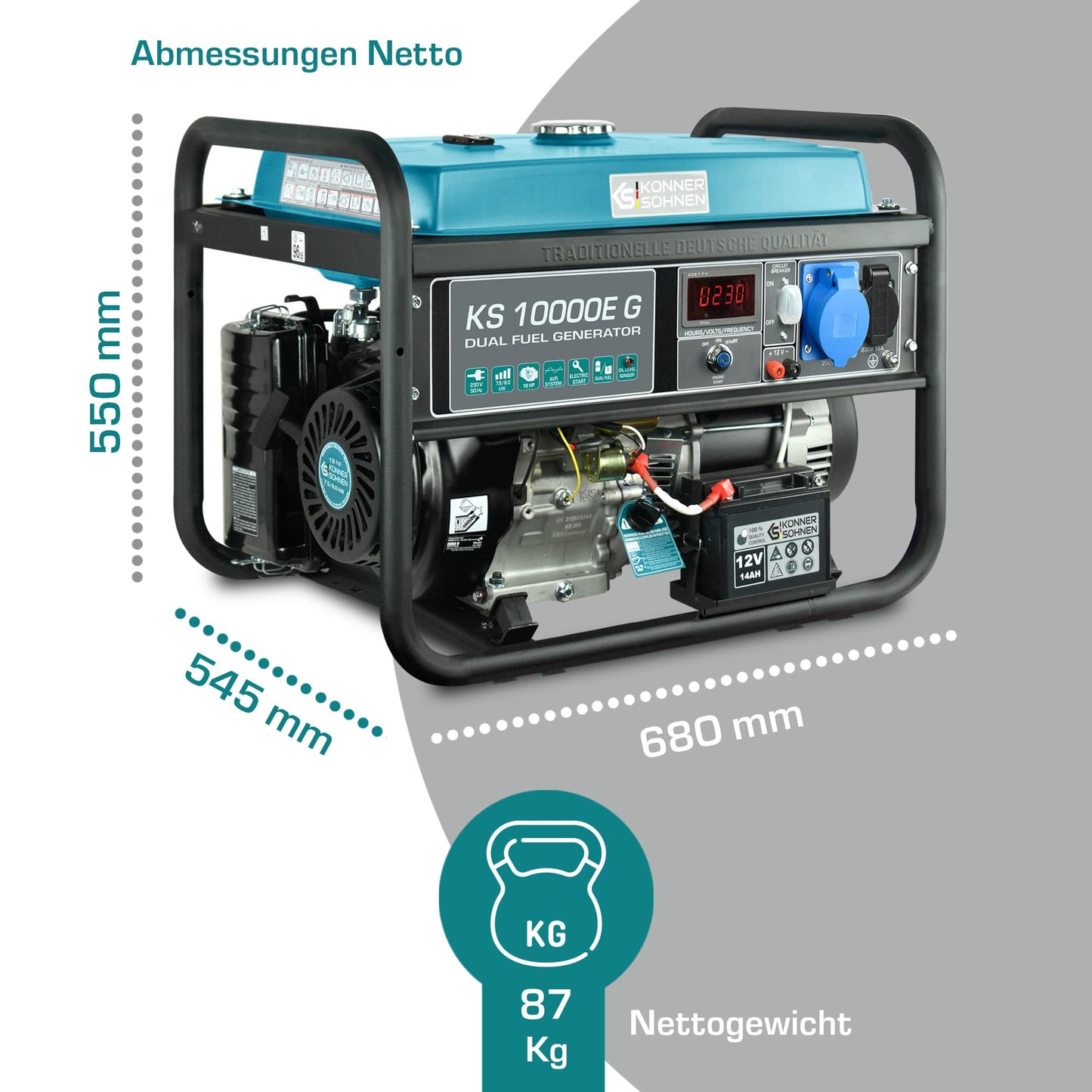 Könner & Söhnen KS 10000E G - Hybrid Benzin-LPG 4-Takt Stromerzeuger, Notstromaggregat 7500 Watt, 1x16A 1x32A Generator mit automatischem Spannungsregler 230V, E-Start, Digitale Anzeige Blau10-g